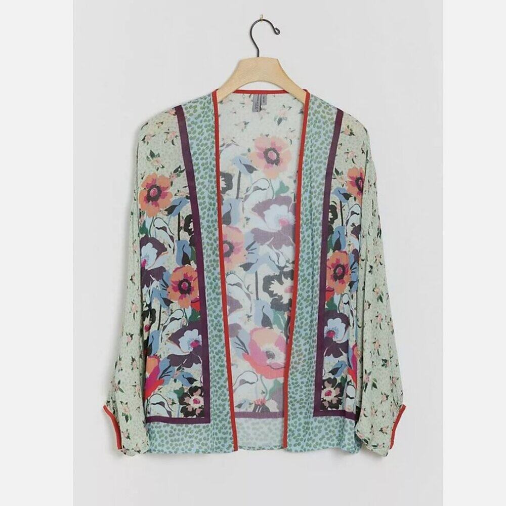 Anthropologie Floral Mint Green Multicolor Sheer Kimono